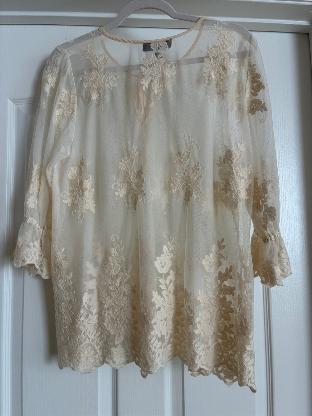 Whimsical Cream Lace Blouse Romantic Feminine Tie Front 3/4 sleeve Size 0X - Picture 8 of 8
